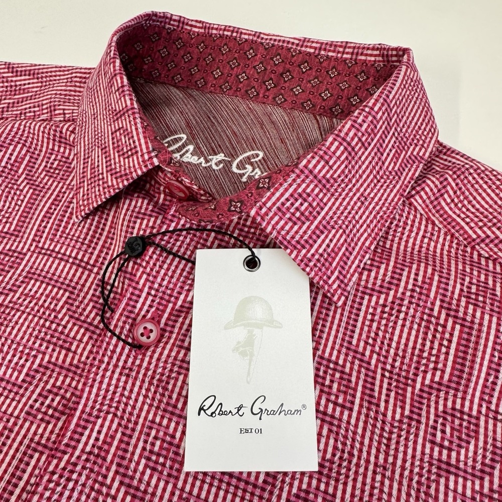 NWT Robert Graham Voyage S/S Geometric Print Button Up Shirt Pink Red SMALL $188